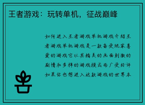王者游戏：玩转单机，征战巅峰